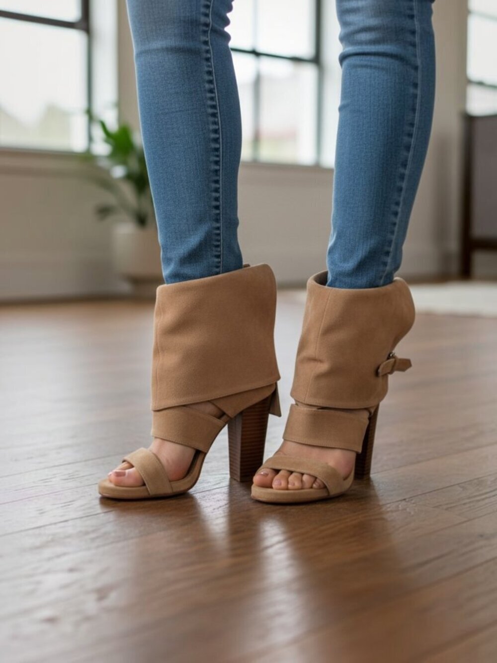 Opening Ceremony Suede Fold Over Sandal Bootie Shoe Tan Beige Women's 8 - 8.5